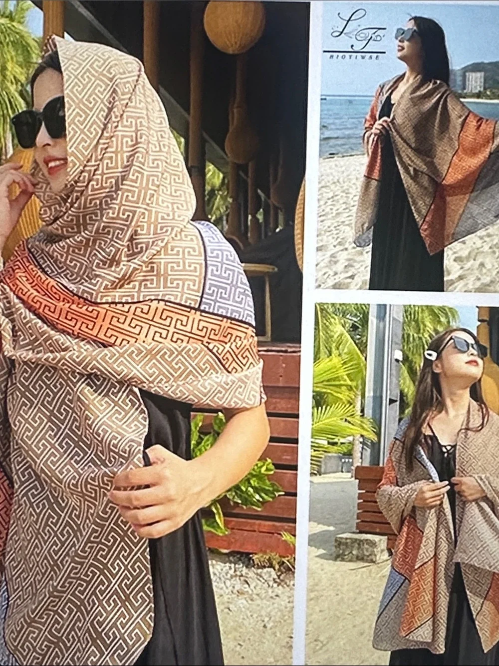 Geometric Pattern Silk-Look Wrap Scarf in Cream, Black & Orange